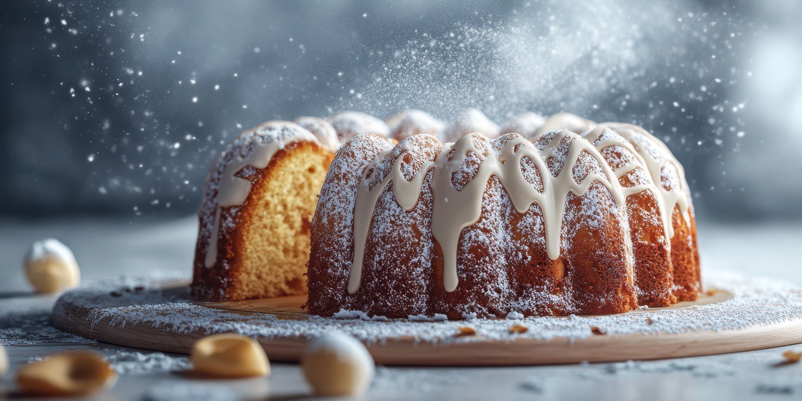 Decorative bundt cake with icing and powdered sugar in a cozy kitchen setting during winter